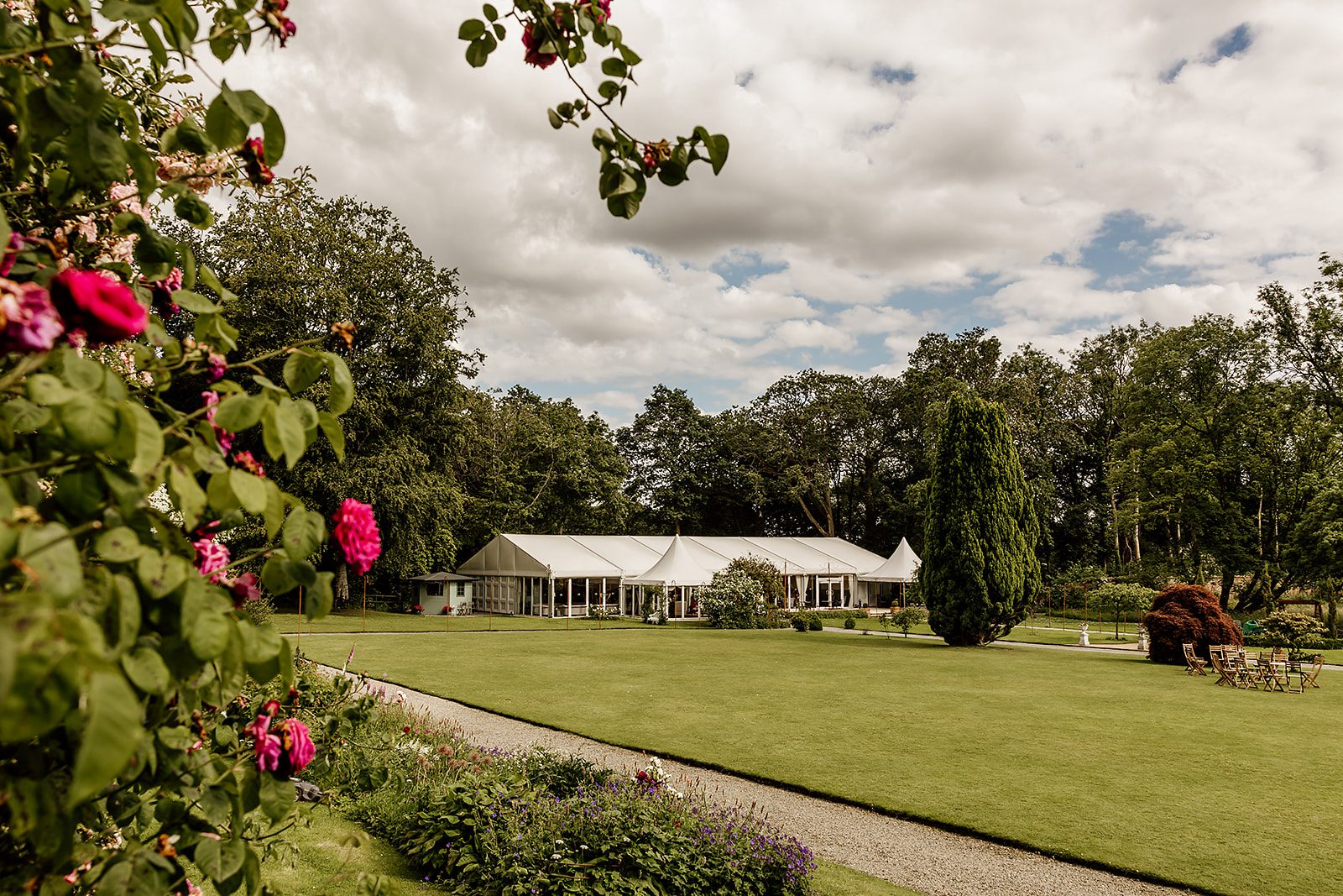 Ballyscullion Park marquee and walled garden Ballyscullion Park marquee and lawn framed by roses in the walled garden