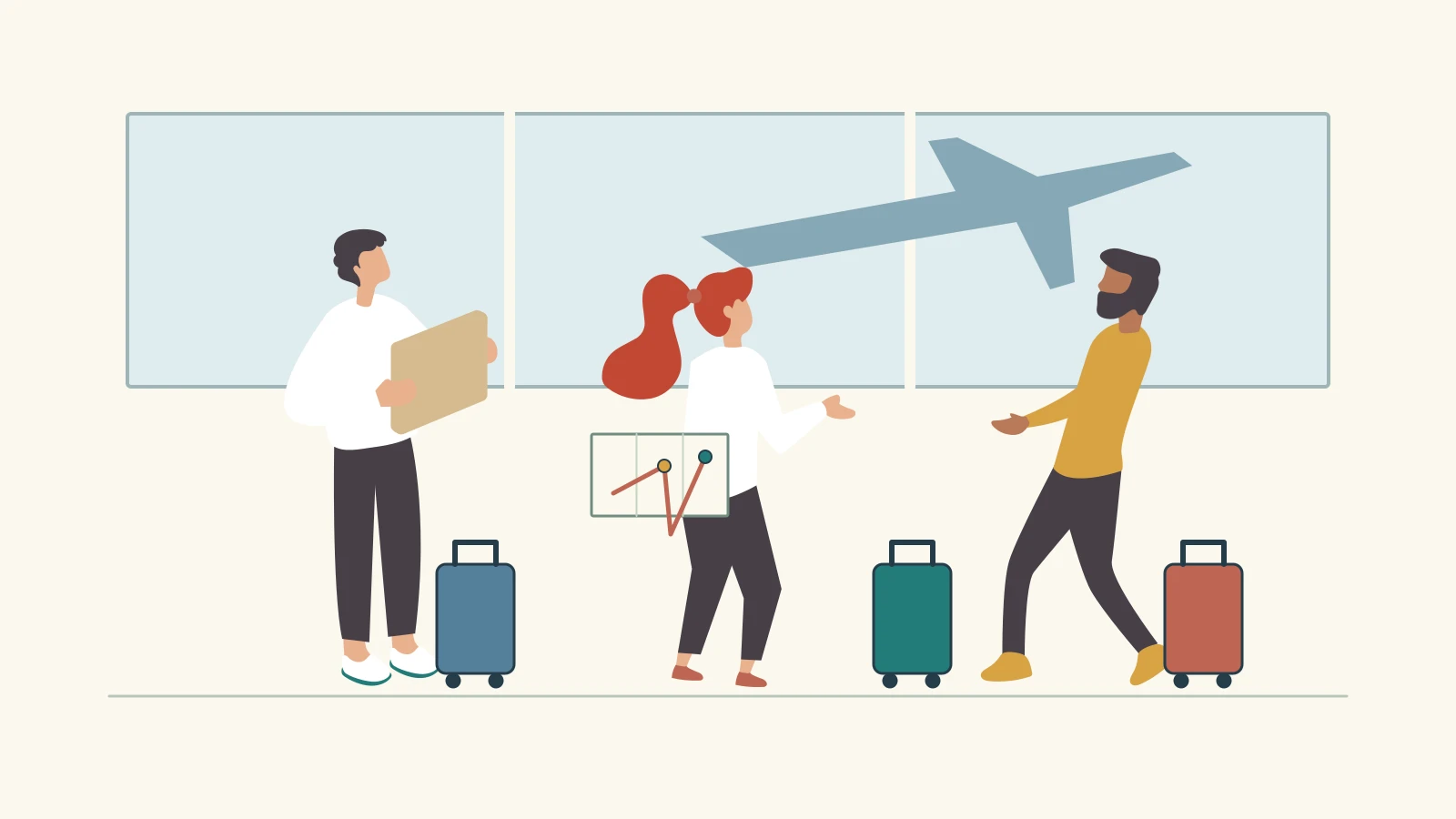 Three colleagues meet at an airport with luggage and an event itinerary.