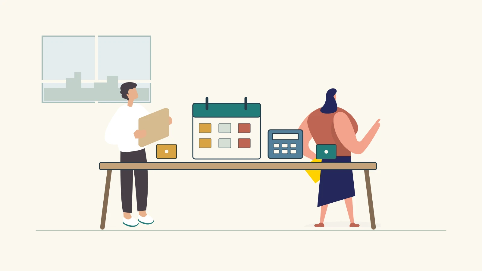 Two organisers plan an event using a calendar, calculator and activity cards.