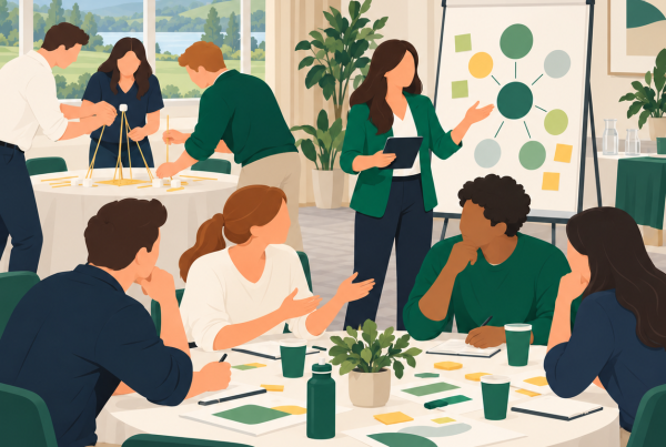 Illustrated corporate colleagues working together during a facilitated Belbin team-development workshop