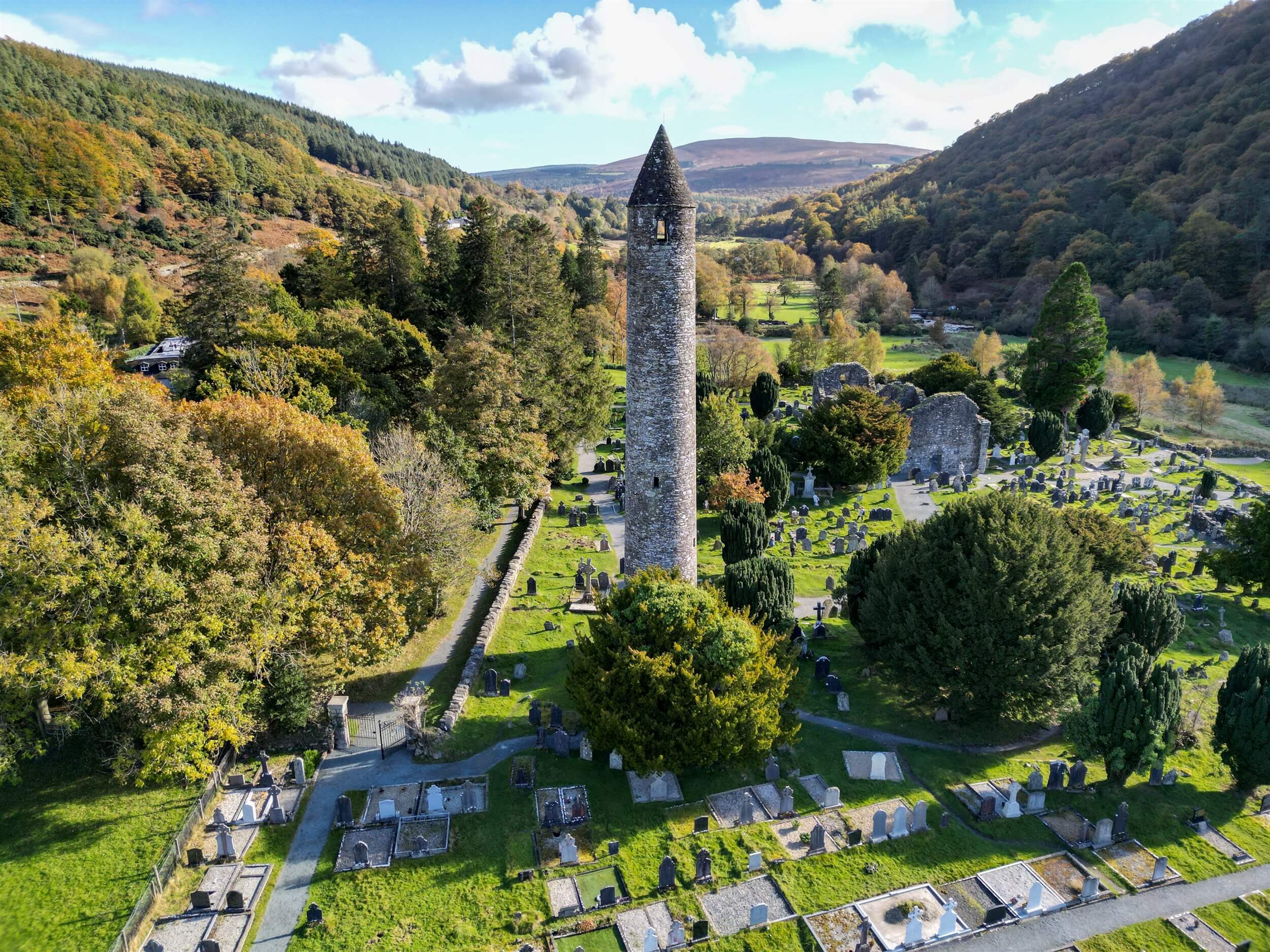 Glendalough’s round tower and ancient monastic site