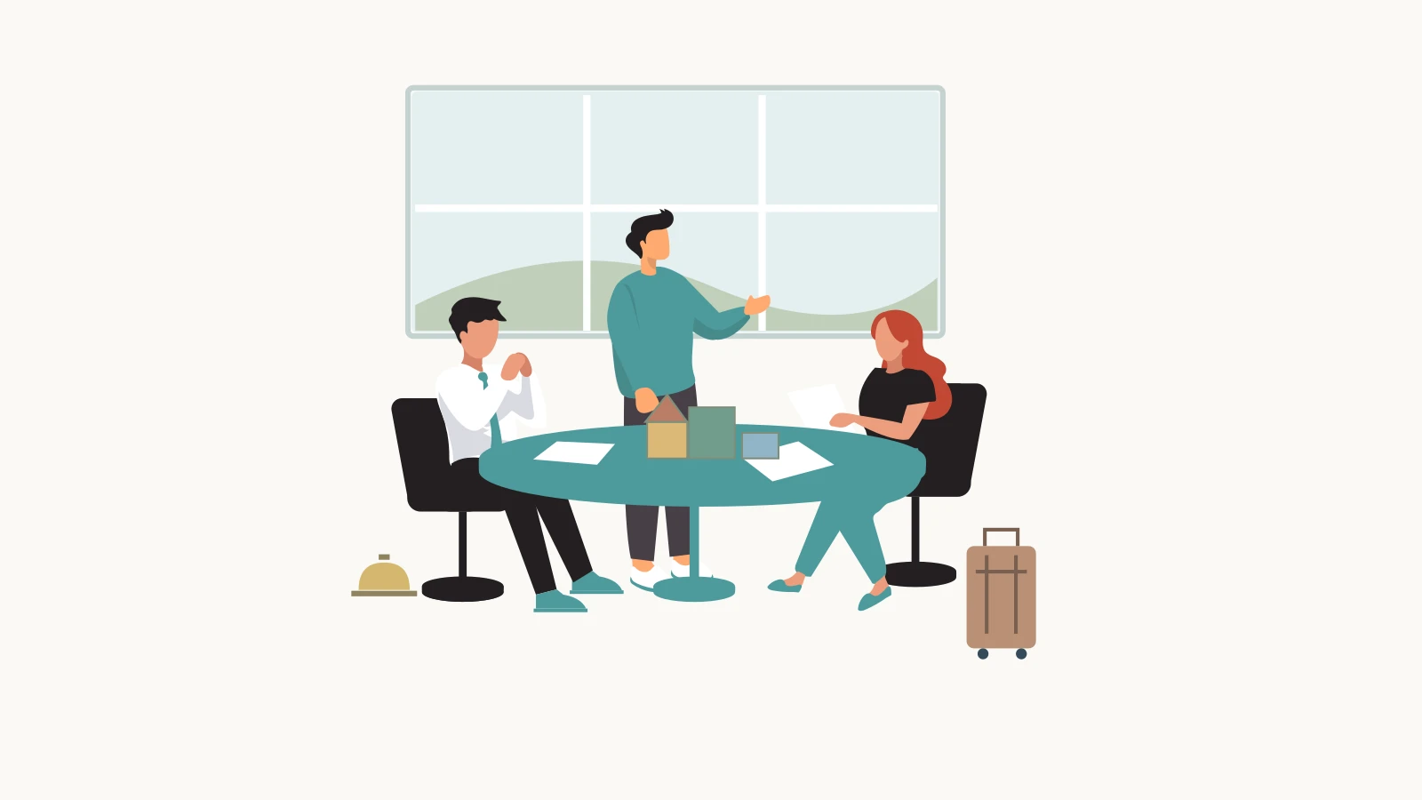 Hotel colleagues cooperate on a tabletop block challenge, with a suitcase and reception bell nearby.