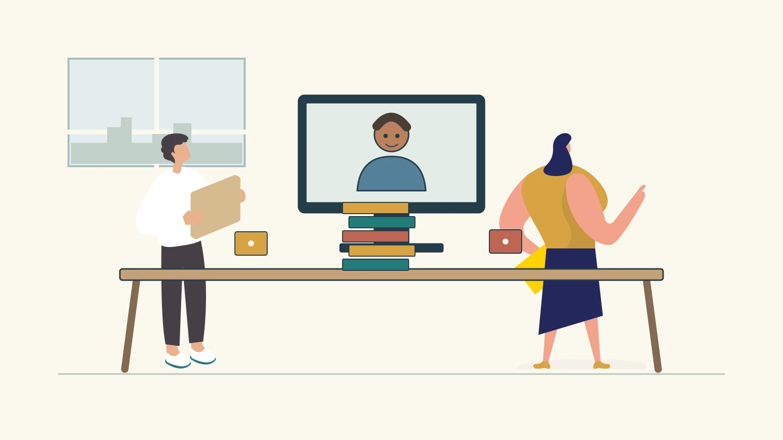 Office colleagues and a remote teammate contribute to a shared card-and-block activity.