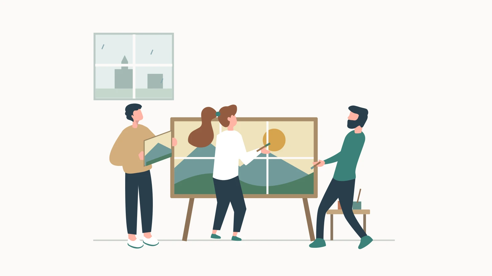 Three colleagues assemble and paint a shared landscape artwork during an indoor team-building activity.