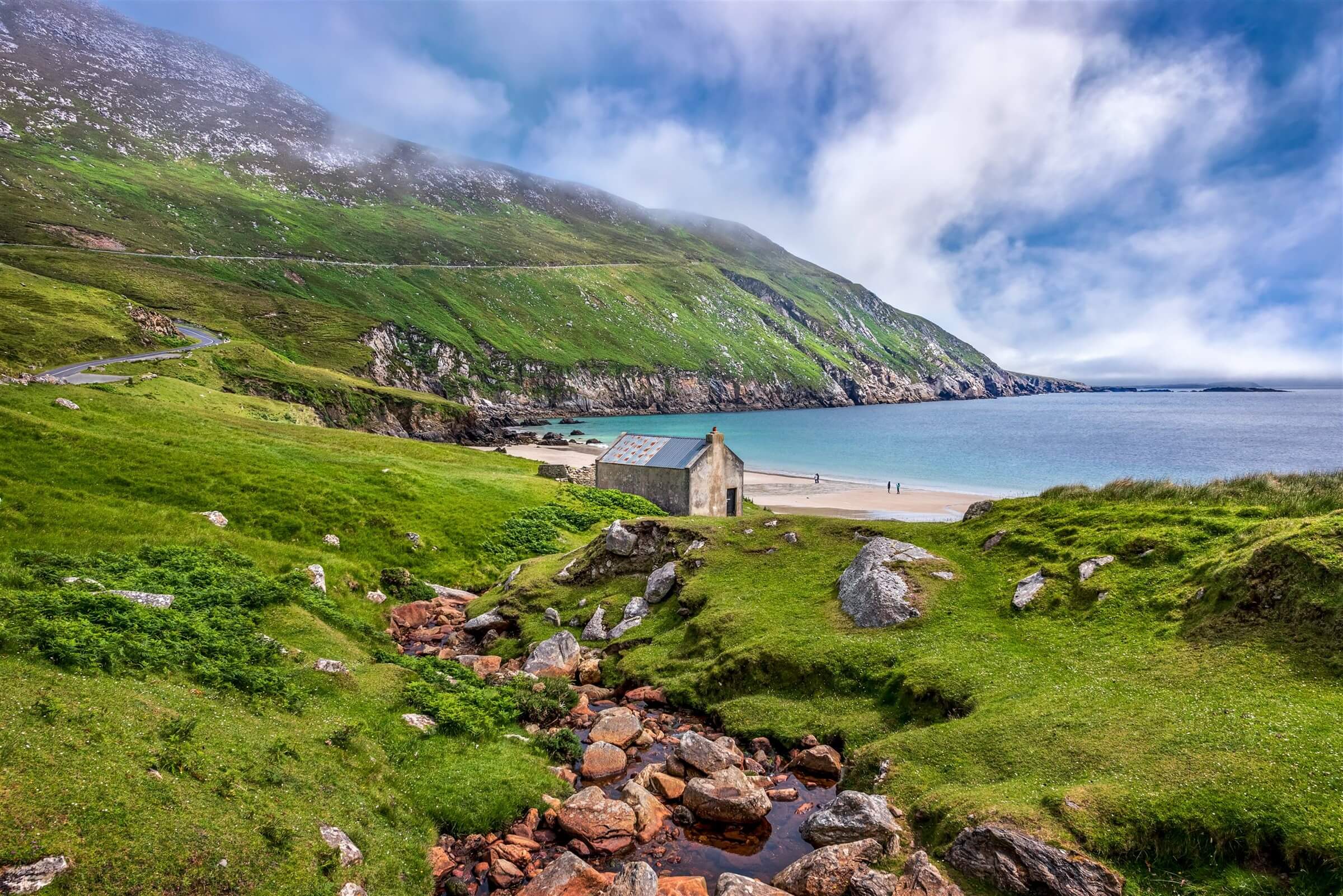 Green slopes, turquoise water and the beach at Keem Bay, Achill Island