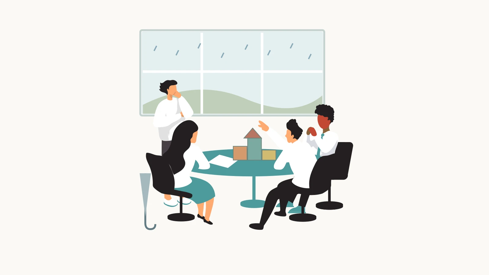 Four colleagues tackle a tabletop block challenge indoors while rain falls outside.