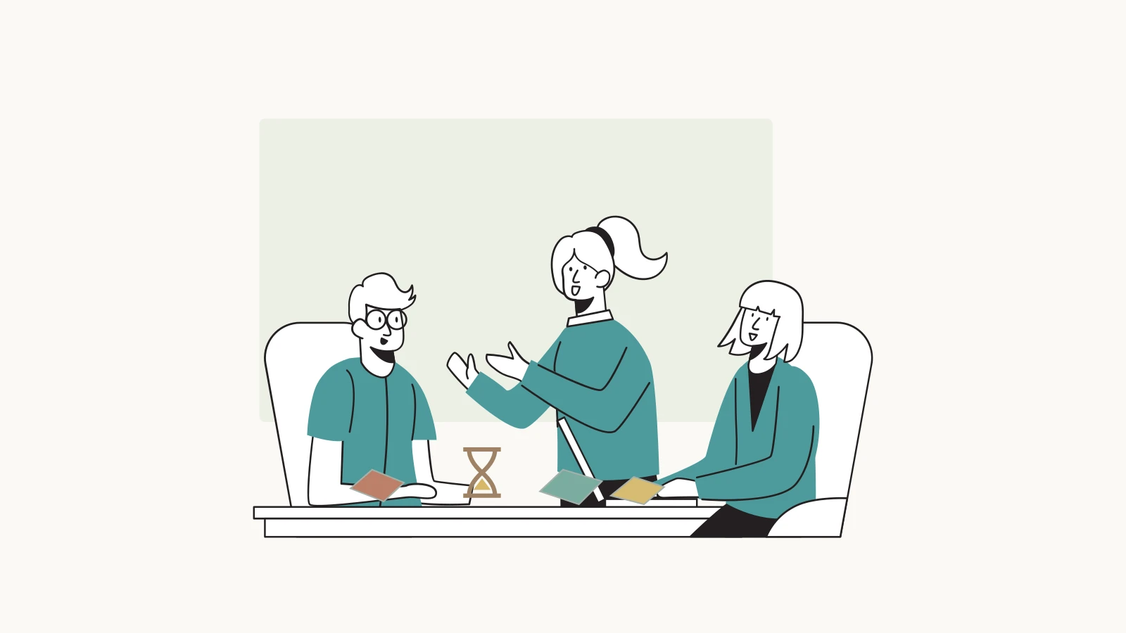 Three colleagues discuss physical task cards and a sand timer during a screen-free team challenge.