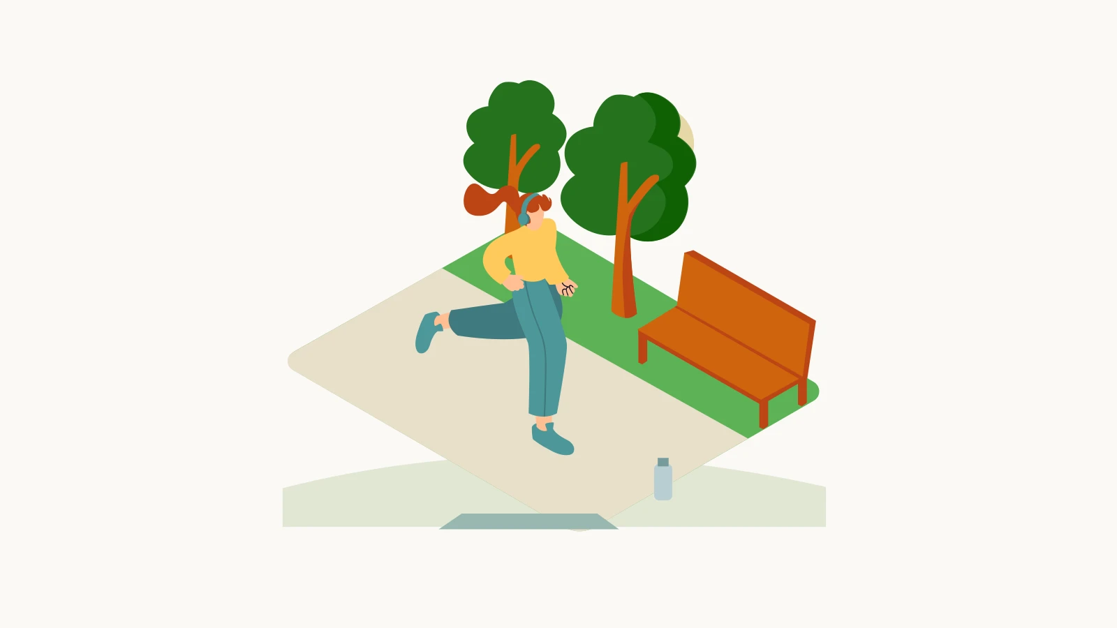 A colleague stretches beside a park bench, with an exercise mat and water bottle nearby.